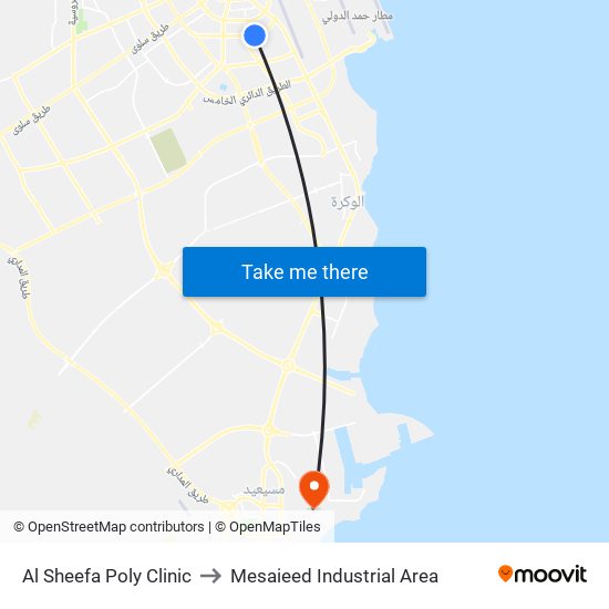 Al Sheefa Poly Clinic to Mesaieed Industrial Area map