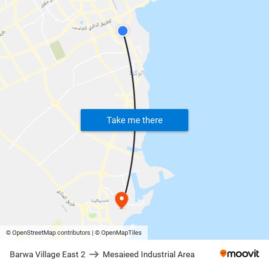 Barwa Village East 2 to Mesaieed Industrial Area map