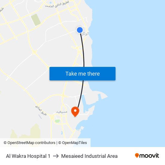 Al Wakra Hospital 1 to Mesaieed Industrial Area map