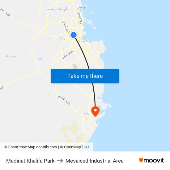 Madinat Khalifa Park to Mesaieed Industrial Area map