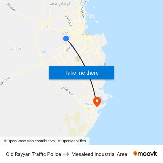 Old Rayyan Traffic Police to Mesaieed Industrial Area map