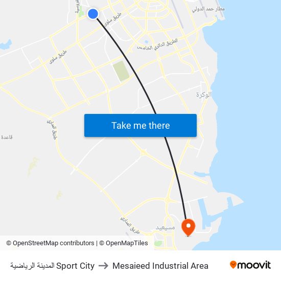 المدينة الرياضية Sport City to Mesaieed Industrial Area map