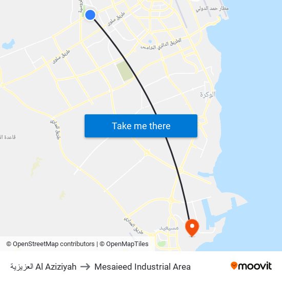 العزيزية Al Aziziyah to Mesaieed Industrial Area map