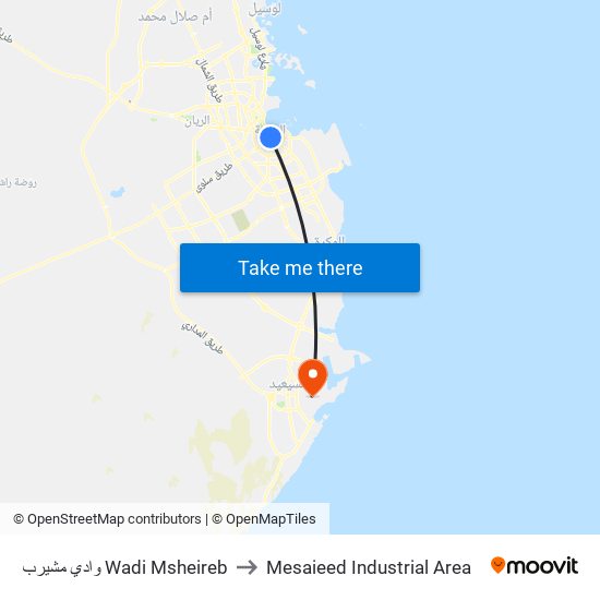 وادي مشيرب Wadi Msheireb to Mesaieed Industrial Area map