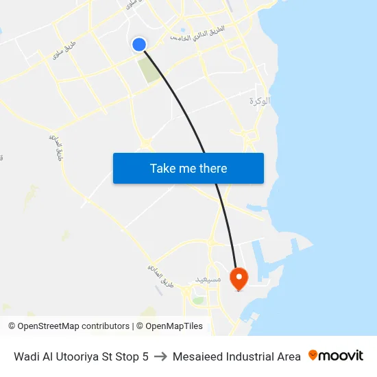 Wadi Al Utooriya Street Stop 5 to Mesaieed Industrial Area map