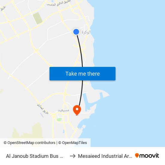 Al Janoub Stadium Bus Mall to Mesaieed Industrial Area map