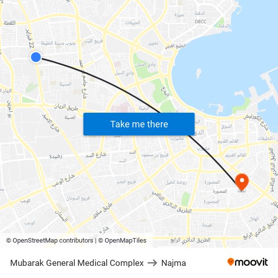 Mubarak General Medical Complex to Najma map