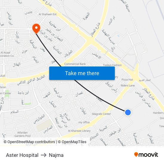 Aster Hospital to Najma map