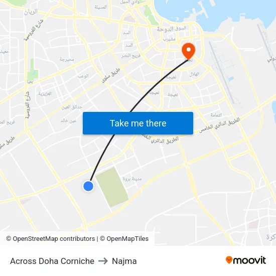 Across Doha Corniche to Najma map