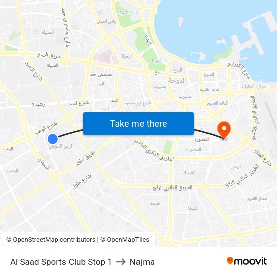 Al Saad Sports Club Stop 1 to Najma map