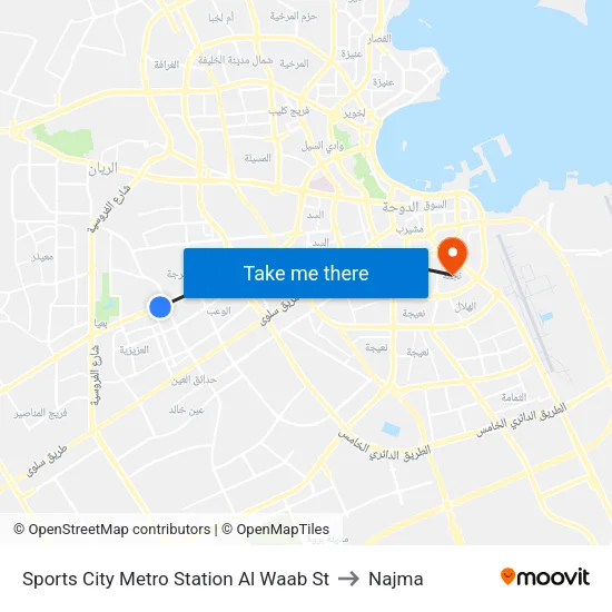 Sports City Metro Station Al Waab St to Najma map