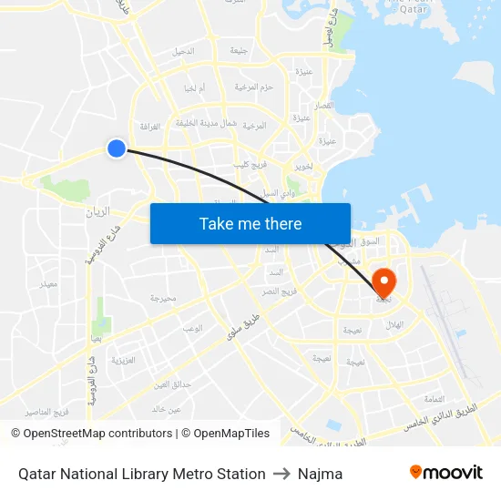 Qatar National Library Metro Station to Najma map