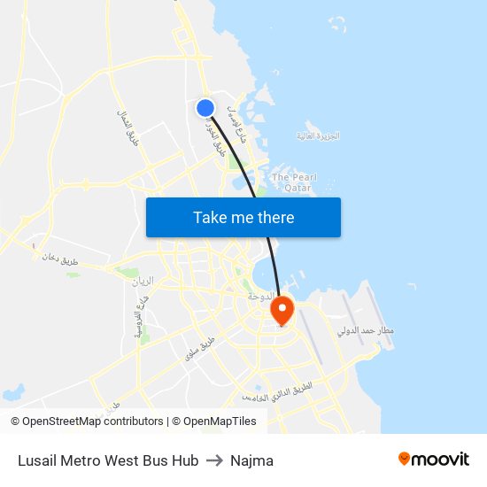 Lusail Metro West Bus Hub to Najma map