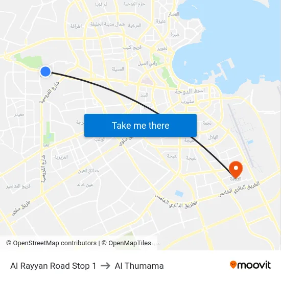 Al Rayyan Road Stop 1 to Al Thumama map