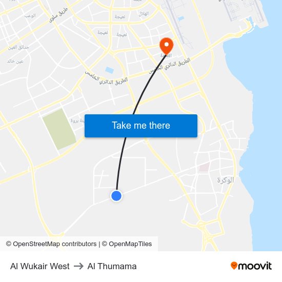 Al Wukair West to Al Thumama map