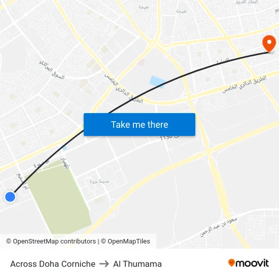 Across Doha Corniche to Al Thumama map