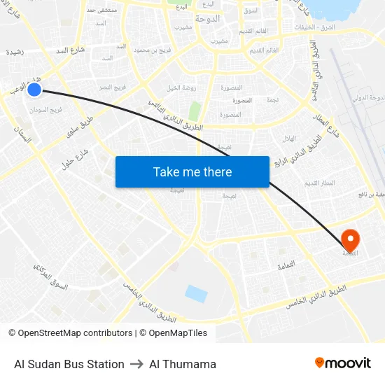 Al Sudan Bus Station to Al Thumama map