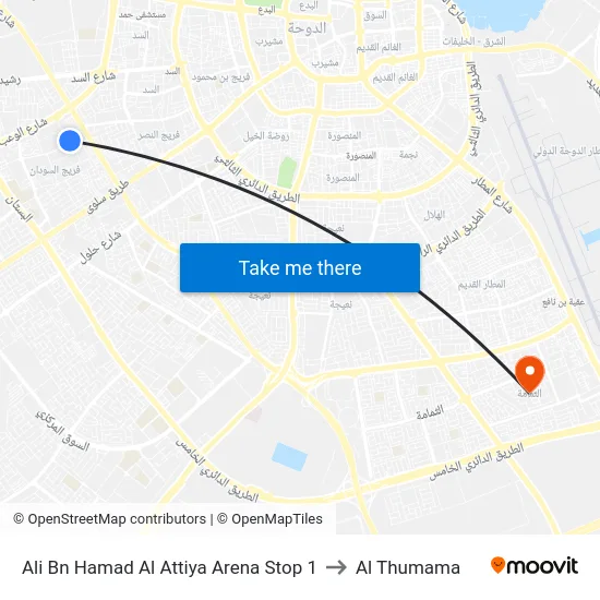 Ali Bn Hamad Al Attiya Arena Stop 1 to Al Thumama map