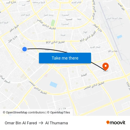Omar Bin Al Fared to Al Thumama map