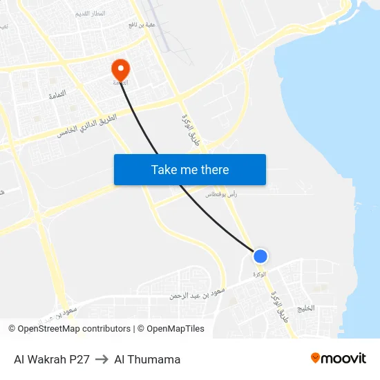 Al Wakrah P27 to Al Thumama map