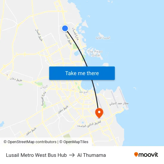 Lusail Metro West Bus Hub to Al Thumama map