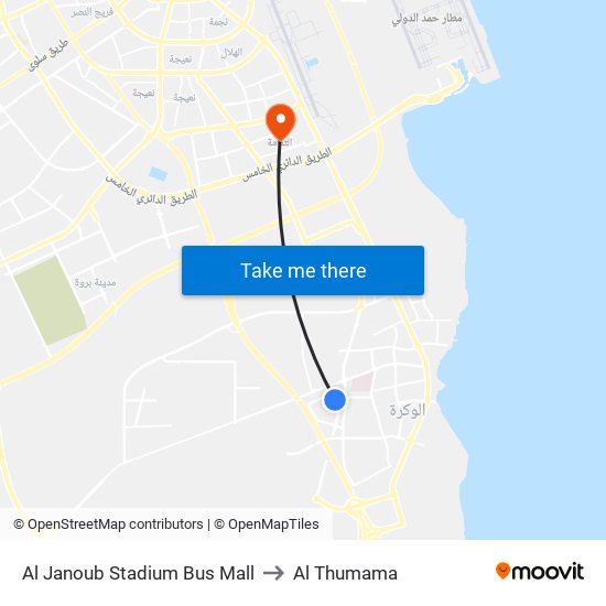 Al Janoub Stadium Bus Mall to Al Thumama map