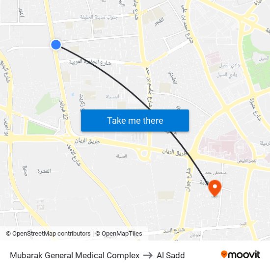 Mubarak General Medical Complex to Al Sadd map