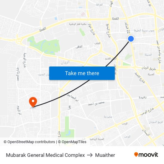 Mubarak General Medical Complex to Muaither map