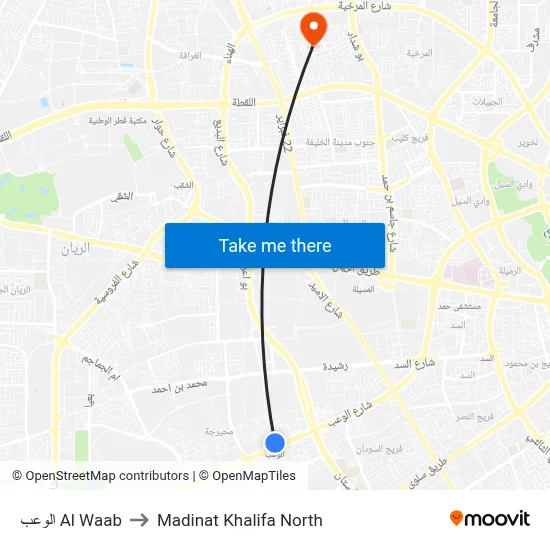 Al Waab to Madinat Khalifa North map