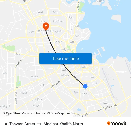 Al Taawon Street to Madinat Khalifa North map