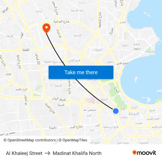 Al Khaleej Street to Madinat Khalifa North map