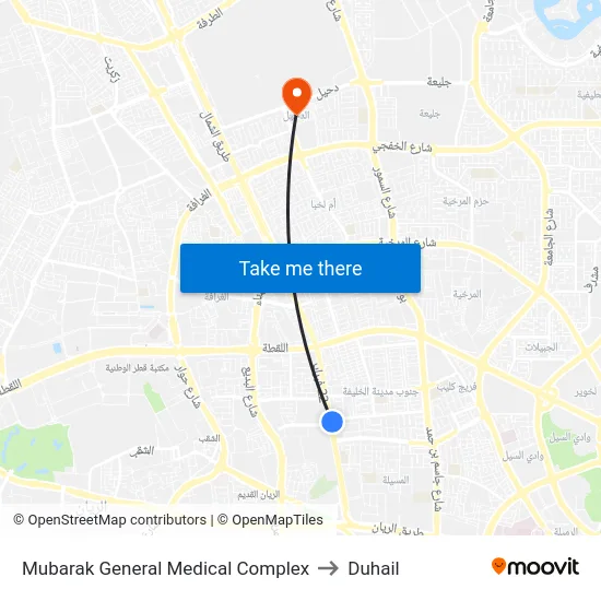 Mubarak General Medical Complex to Duhail map