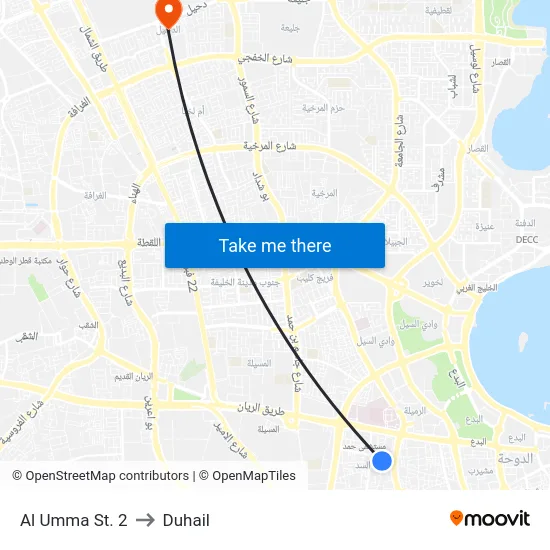 Al Umma St. 2 to Duhail map