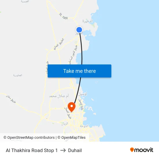 Al Thakhira Road Stop 1 to Duhail map