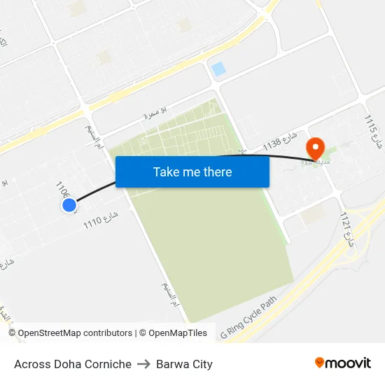 Across Doha Corniche to Barwa City map