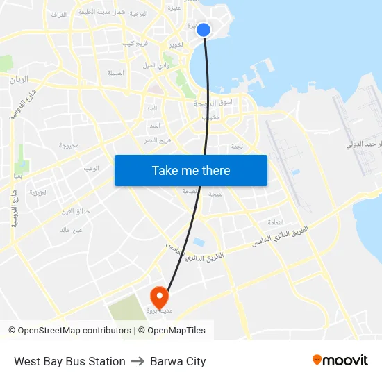 West Bay Bus Station to Barwa City map