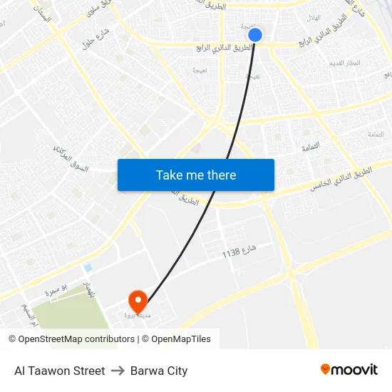 Al Taawon Street to Barwa City map