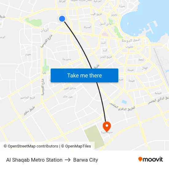 Al Shaqab Metro Station to Barwa City map