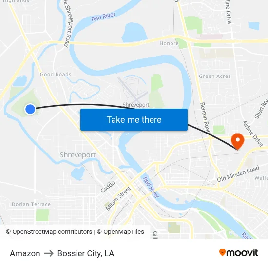 Amazon to Bossier City, LA map