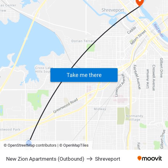 New Zion Apartments (Outbound) to Shreveport map