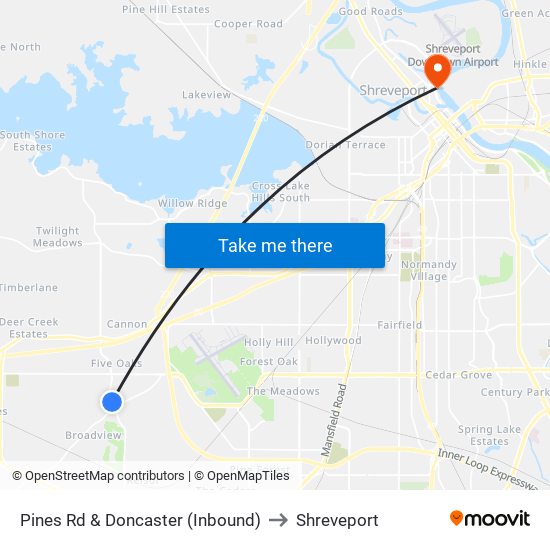 Pines Rd & Doncaster (Inbound) to Shreveport map