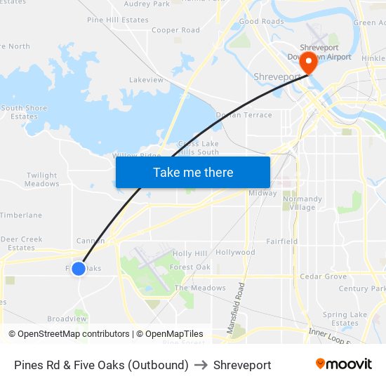 Pines Rd & Five Oaks (Outbound) to Shreveport map