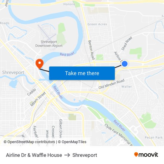 Airline Dr & Waffle House to Shreveport map