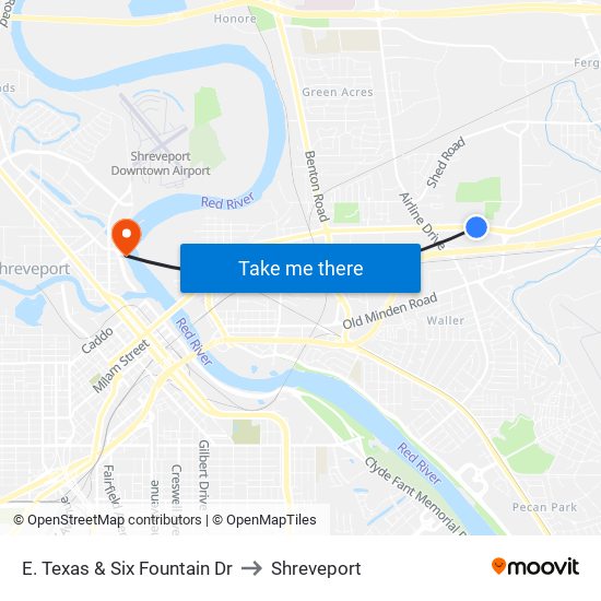 E. Texas & Six Fountain Dr to Shreveport map