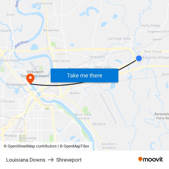 Louisiana Downs to Shreveport map