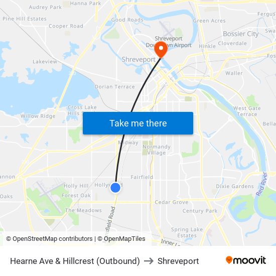 Hearne Ave & Hillcrest (Outbound) to Shreveport map