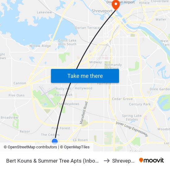 Bert Kouns & Summer Tree Apts (Inbound) to Shreveport map