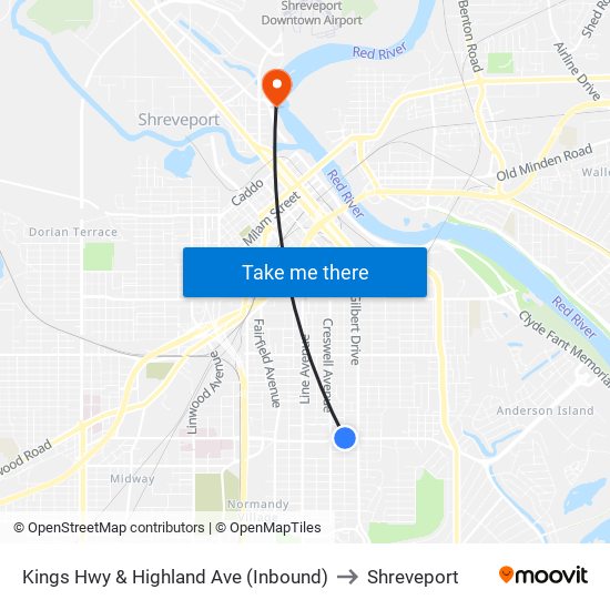 Kings Hwy & Highland Ave (Inbound) to Shreveport map