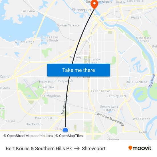 Bert Kouns & Southern Hills Pk to Shreveport map