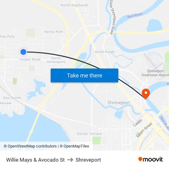 Willie Mays & Avocado St to Shreveport map